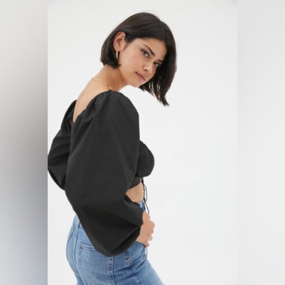 Lioness Long Sleeve Crop Blouse Women's Size Medium Black‎ Tie-Front Top Puff - Picture 5 of 12